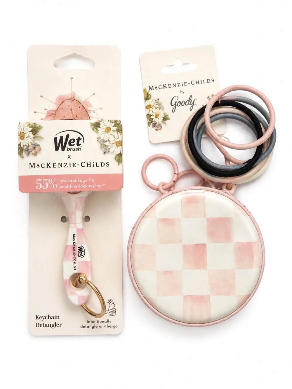 MacKenzie-Childs x Wet Brush Pink Check Keychain Detangler with Goody Hair Ties